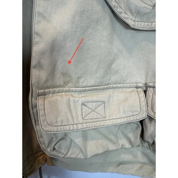 Vintage Tan Canvas Utility Jacket Denim Collar Utility Pockets Tool Straps Large - Picture 7 of 14